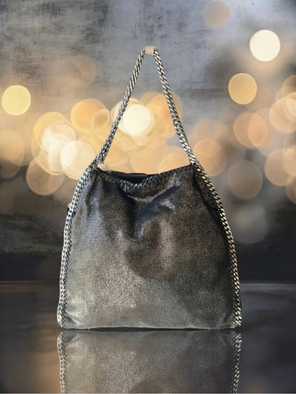 💗Stella McCartney Black Gold Shimmer Faux-Leather Farabella Shoulder Tote Bag
